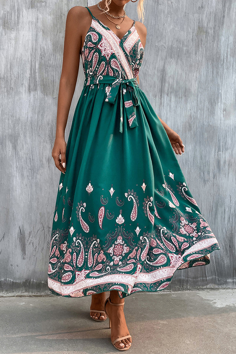 Kaynafashions - Bohemian College Print Cardigan V Neck Sling Dress Dresses