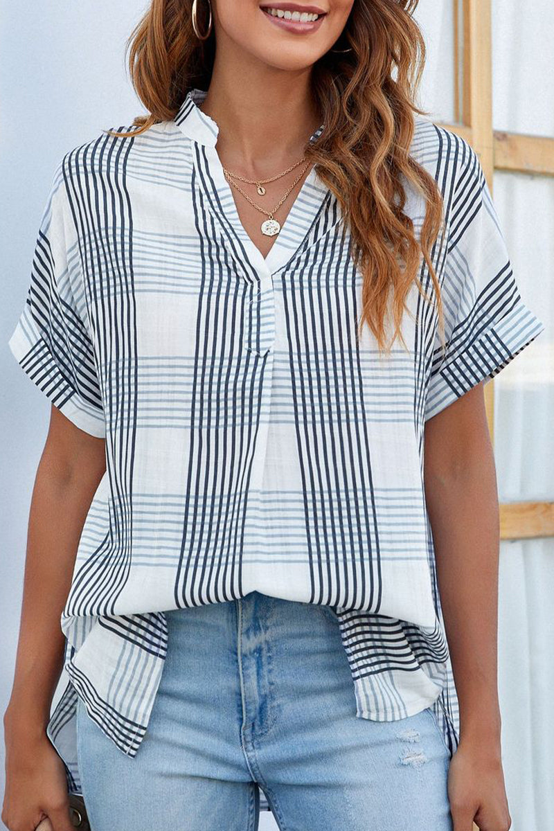 Kaynafashions - Casual Simplicity Striped Solid Patchwork V Neck Tops