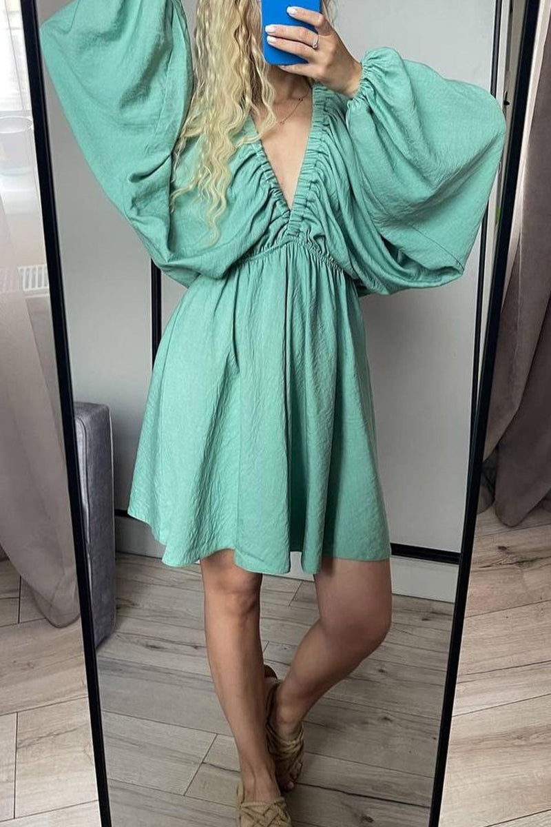 Kaynafashions - Sexy Simplicity Solid Flounce Fold V Neck Long Sleeve Dresses