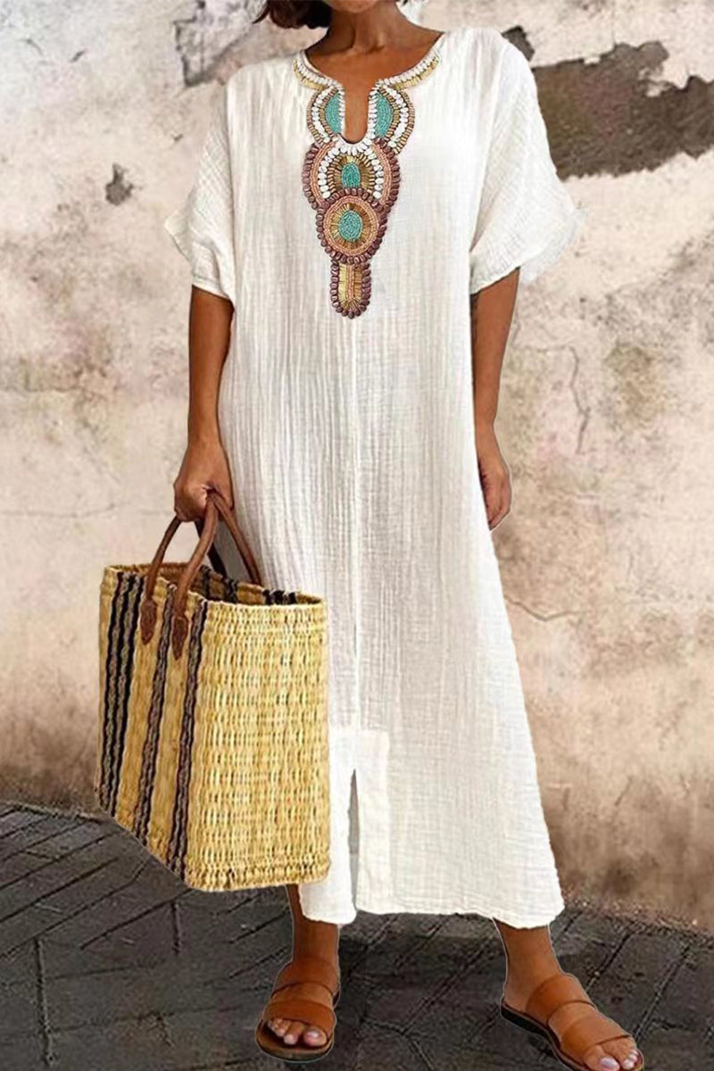 Kaynafashions - Casual Print Patchwork U Neck Short Sleeve Dress Dresses