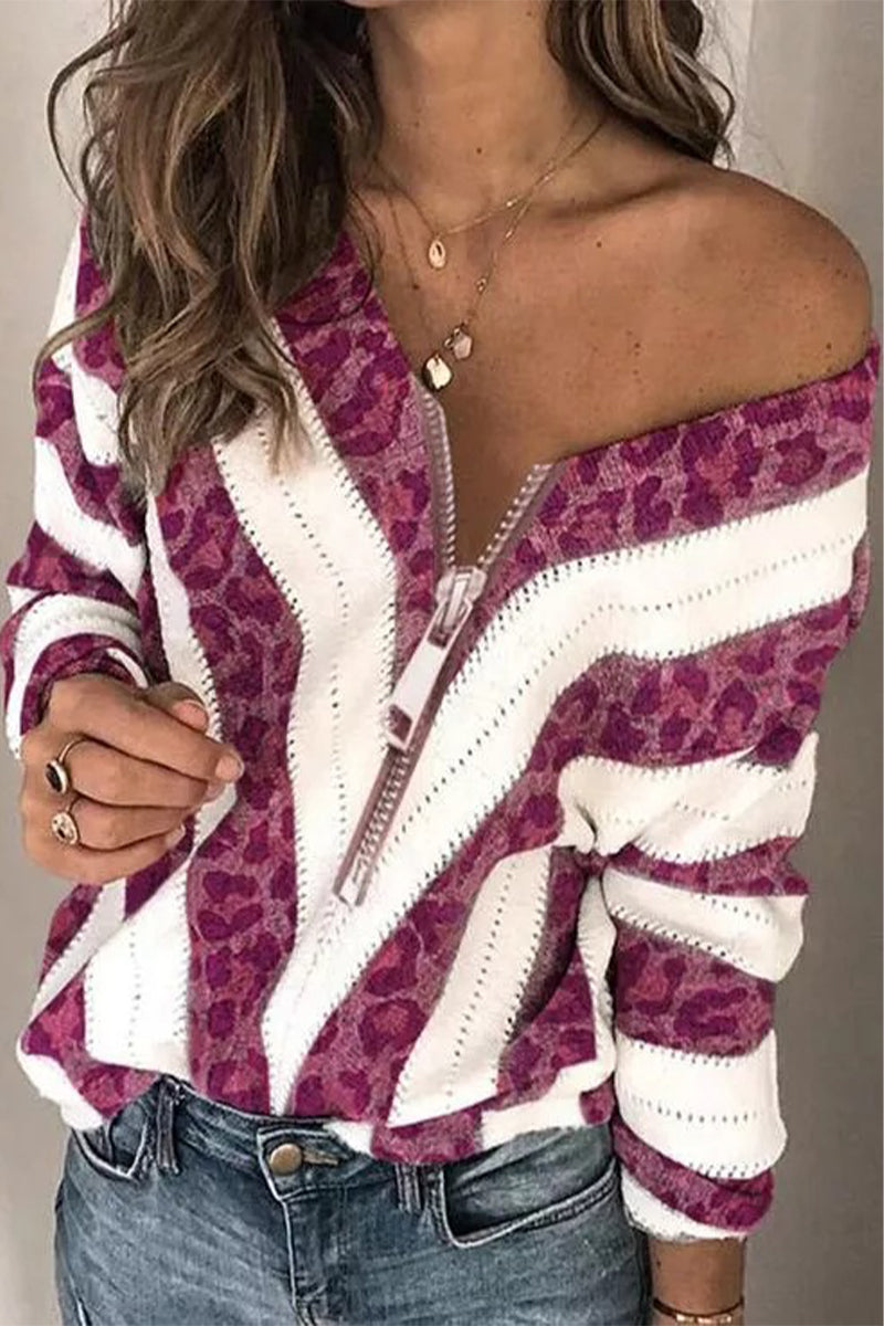 Kaynafashions - Sexy Sweet Striped Patchwork Printing V Neck Sweaters(6 Colors)