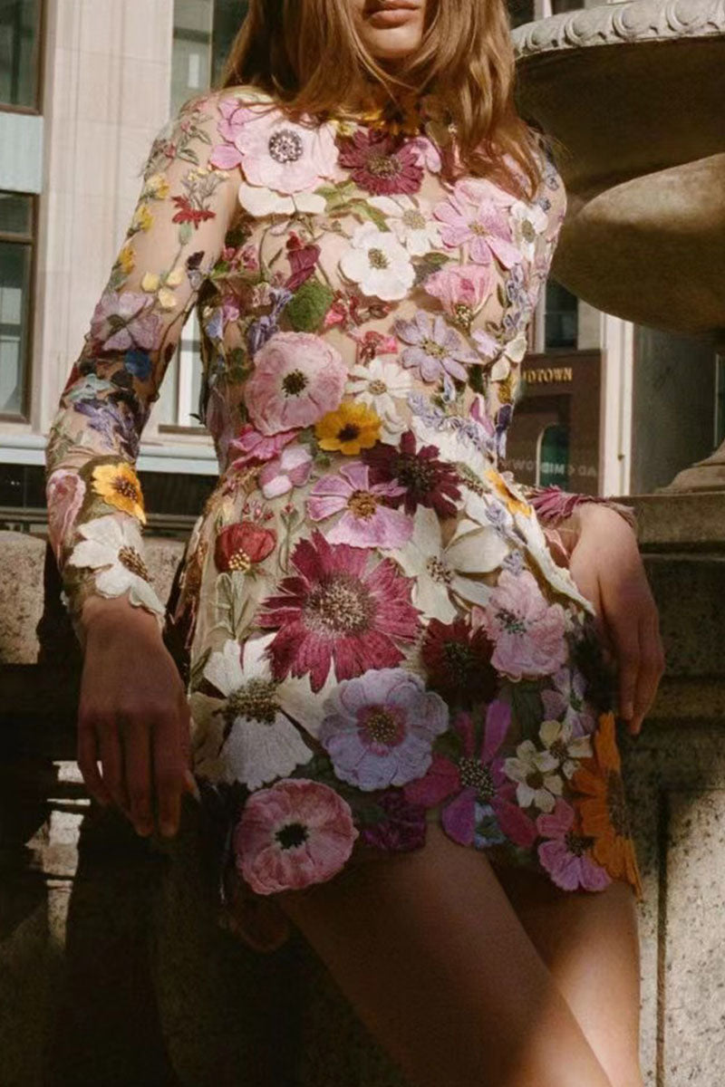 Kaynafashions - Sweet Patchwork Appliques Half A Turtleneck One Step Skirt Dresses