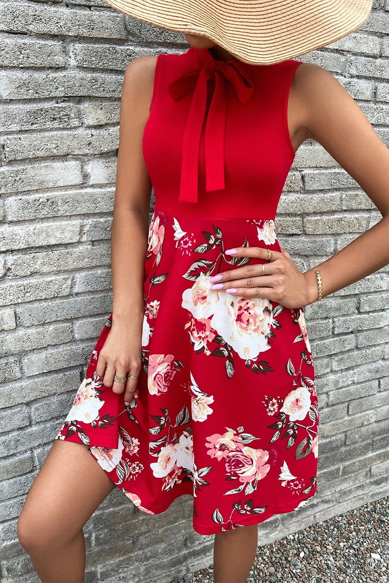 Kaynafashions - Sweet Elegant Print Patchwork With Bow O Neck A Line Dresses(5 Colors)
