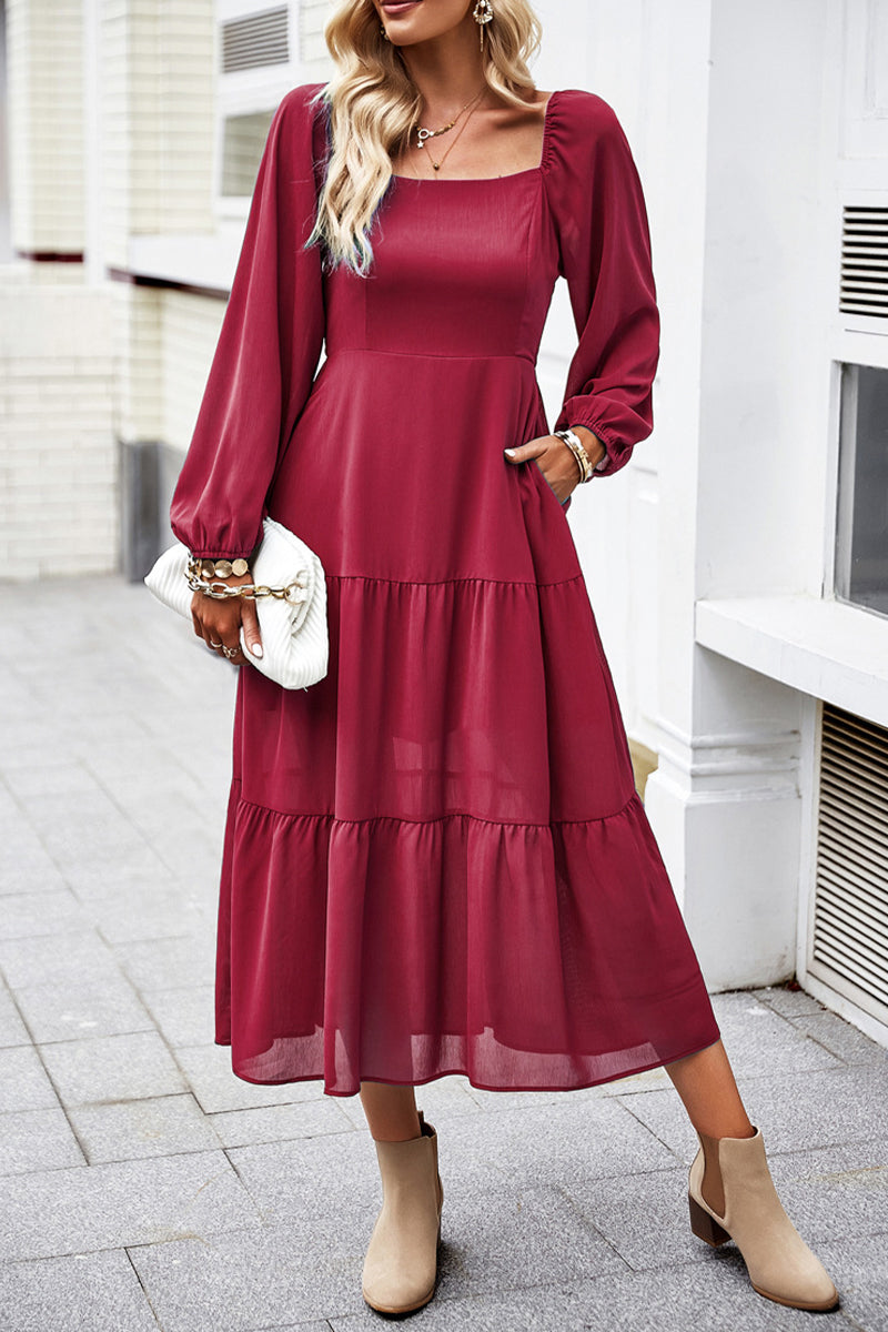Kaynafashions - Celebrities Elegant Solid Patchwork Square Collar A Line Dresses