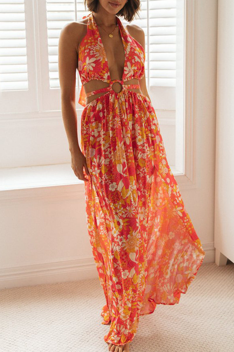 Kaynafashions - Sexy Vacation Print Frenulum V Neck Beach Dress Dresses