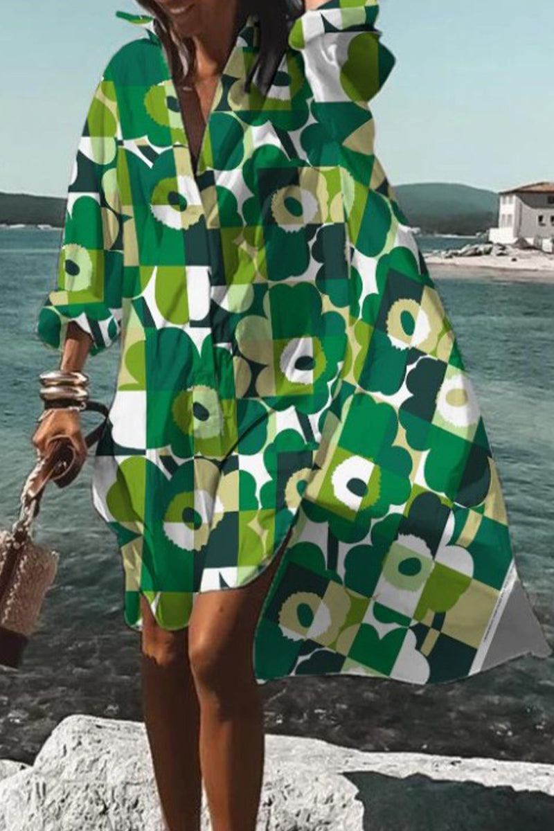 Kaynafashions - Casual Print Contrast Turndown Collar Shirt Dress Dresses(9 Colors)