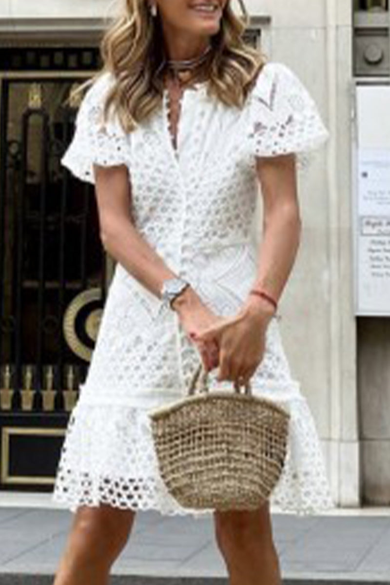 Kaynafashions - Celebrities Elegant Solid Lace Buttons O Neck Princess Short Sleeve Dress