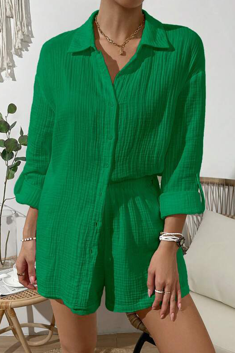 Kaynafashions - Casual Simplicity Solid Fold Turndown Collar Long Sleeve Two Pieces
