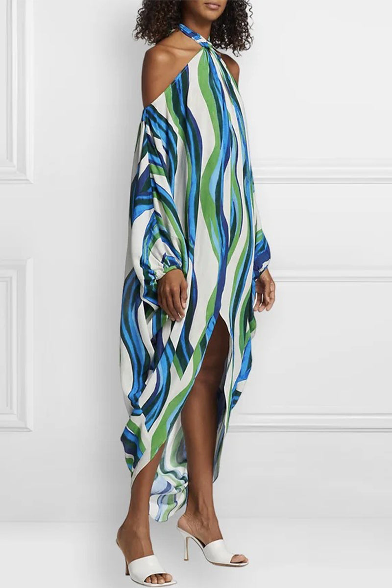 Kaynafashions - Sexy Vacation Striped Contrast Halter Irregular Dress Dresses