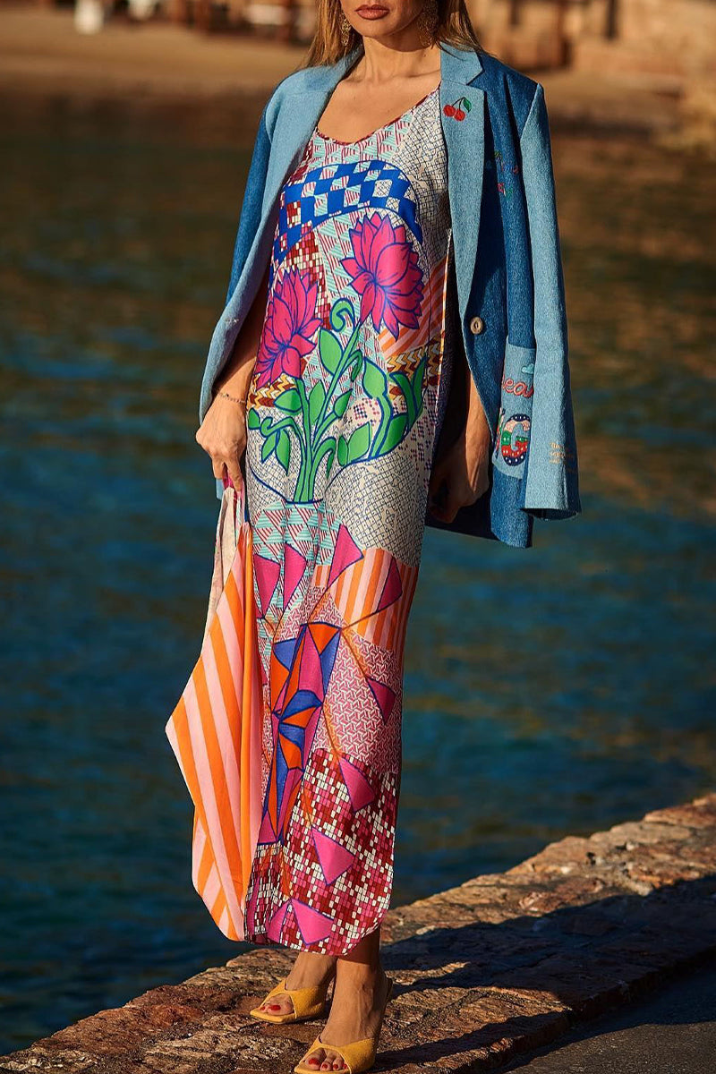 Kaynafashions - Casual Print Contrast V Neck Sling Dress Dresses