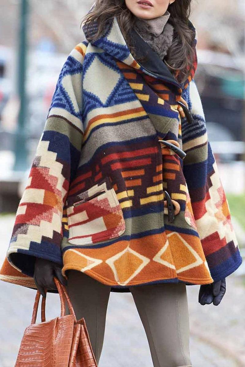 Kaynafashions - Elegant Geometric Print Patchwork Hooded Collar Outerwear