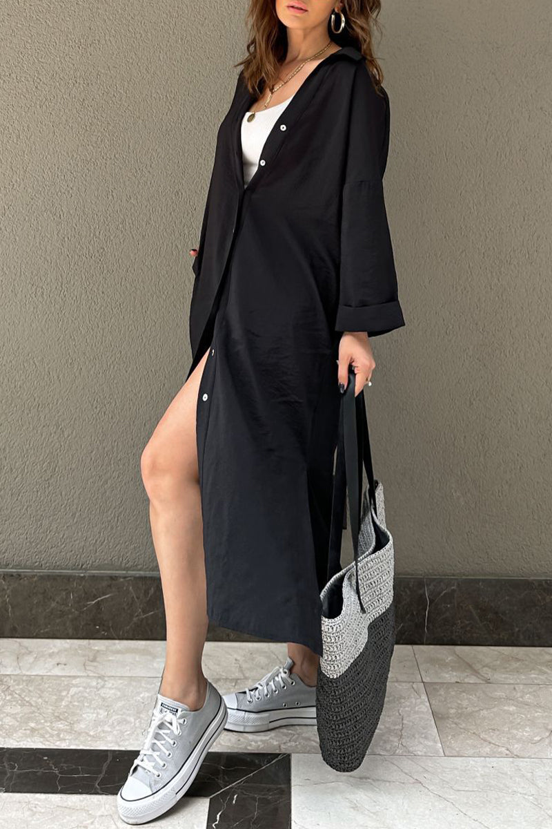 Kaynafashions - Casual Solid Buckle POLO collar Shirt Dress Dresses