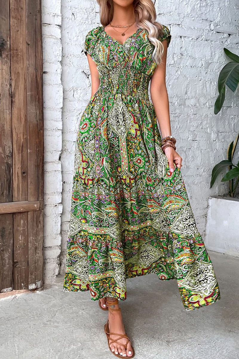 Kaynafashions - Bohemian College Print Fold V Neck A Line Dresses(4 Colors)