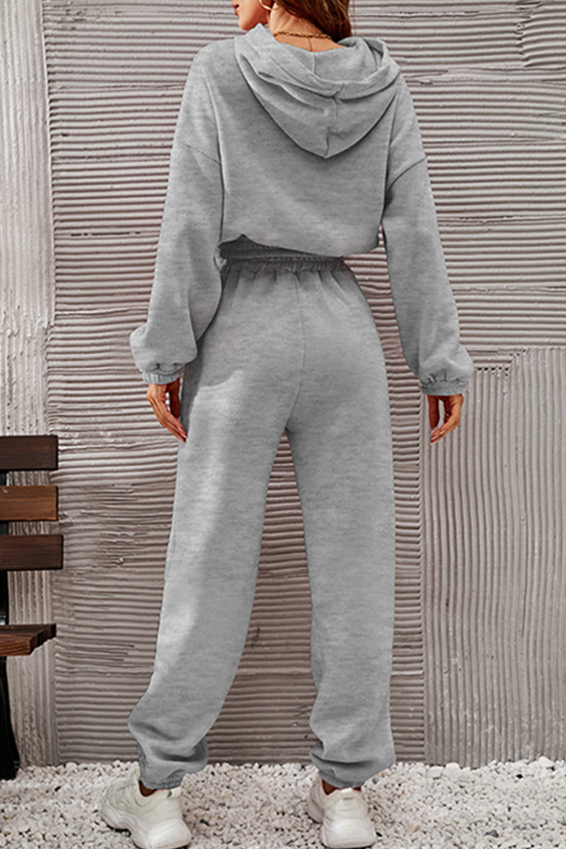 Kaynafashions - Casual Sportswear Solid Fold Hooded Collar Long Sleeve Two Pieces