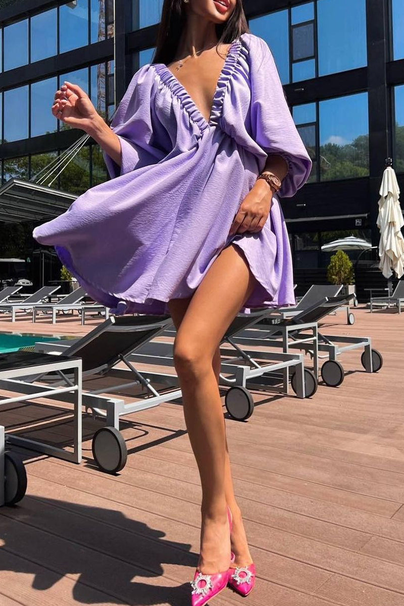 Kaynafashions - Sexy Simplicity Solid Flounce Fold V Neck Long Sleeve Dresses
