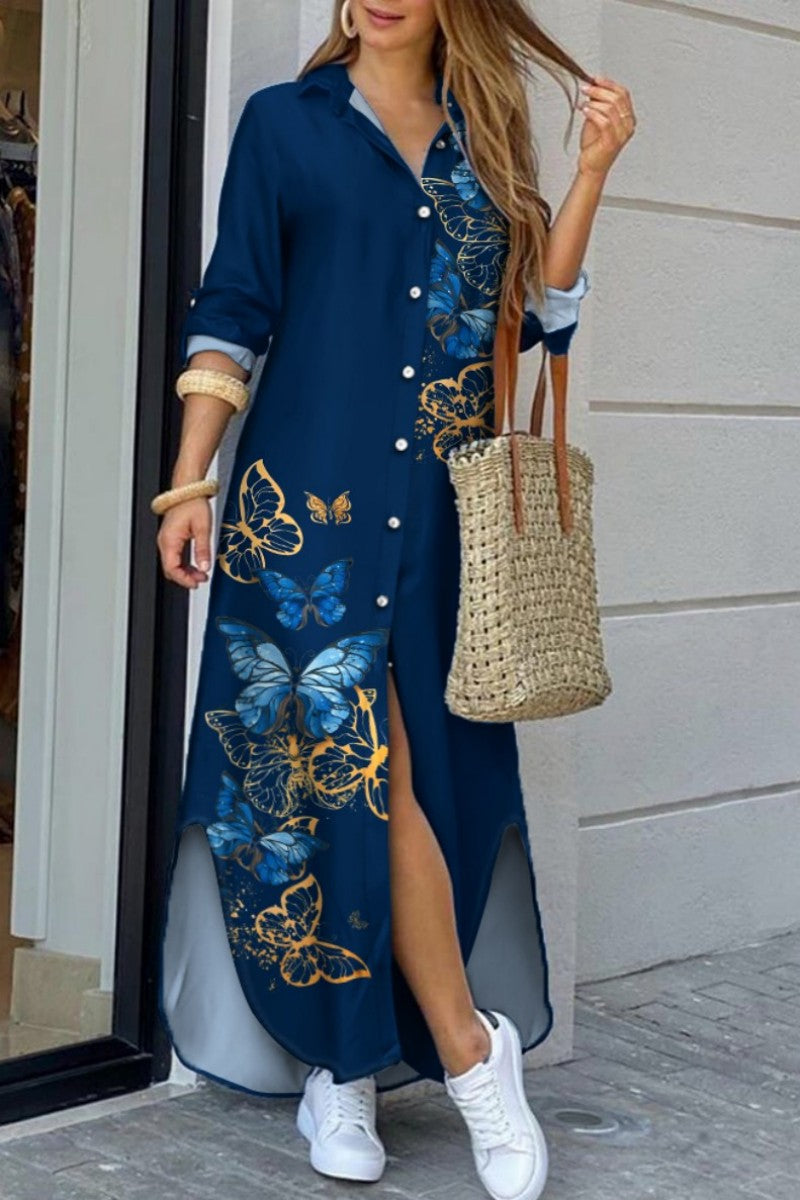 Kaynafashions - Casual Butterfly Print Patchwork Turndown Collar Shirt Dress Dresses