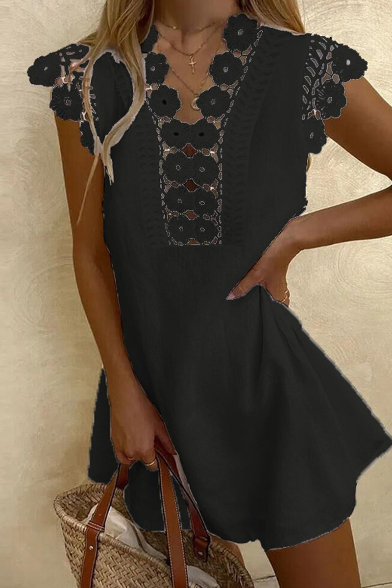 Kaynafashions - Casual Solid Hollowed Out V Neck A Line Short Sleeve Dress(8 Colors)