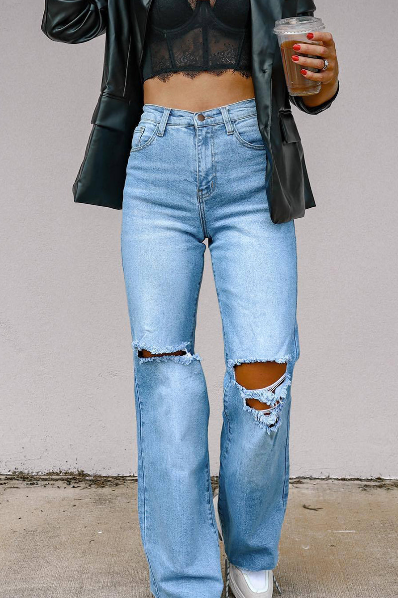 Kaynafashions - Street Solid Ripped High Waist Regular Denim Jeans