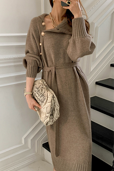 Kaynafashions - Casual Elegant Solid Buckle With Belt Turtleneck Dresses