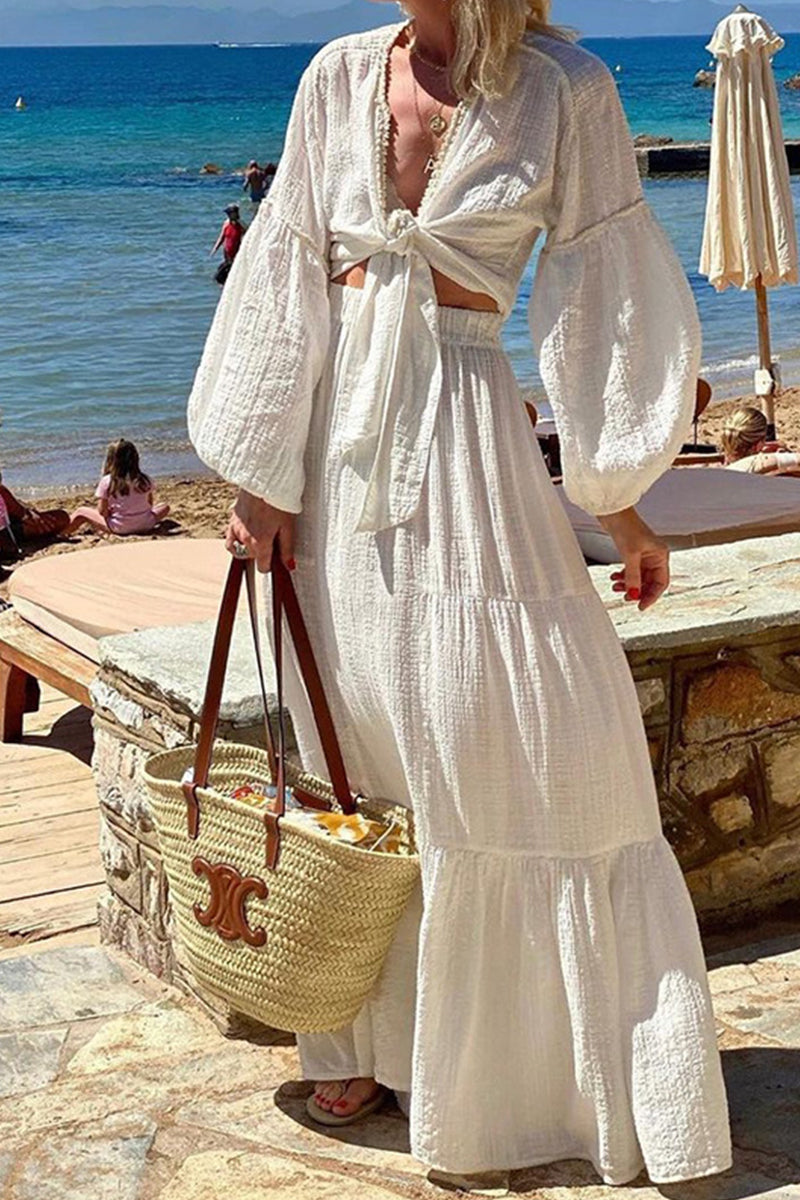 Kaynafashions - Elegant Vacation Solid Knotted V Neck Long Sleeve Two Pieces