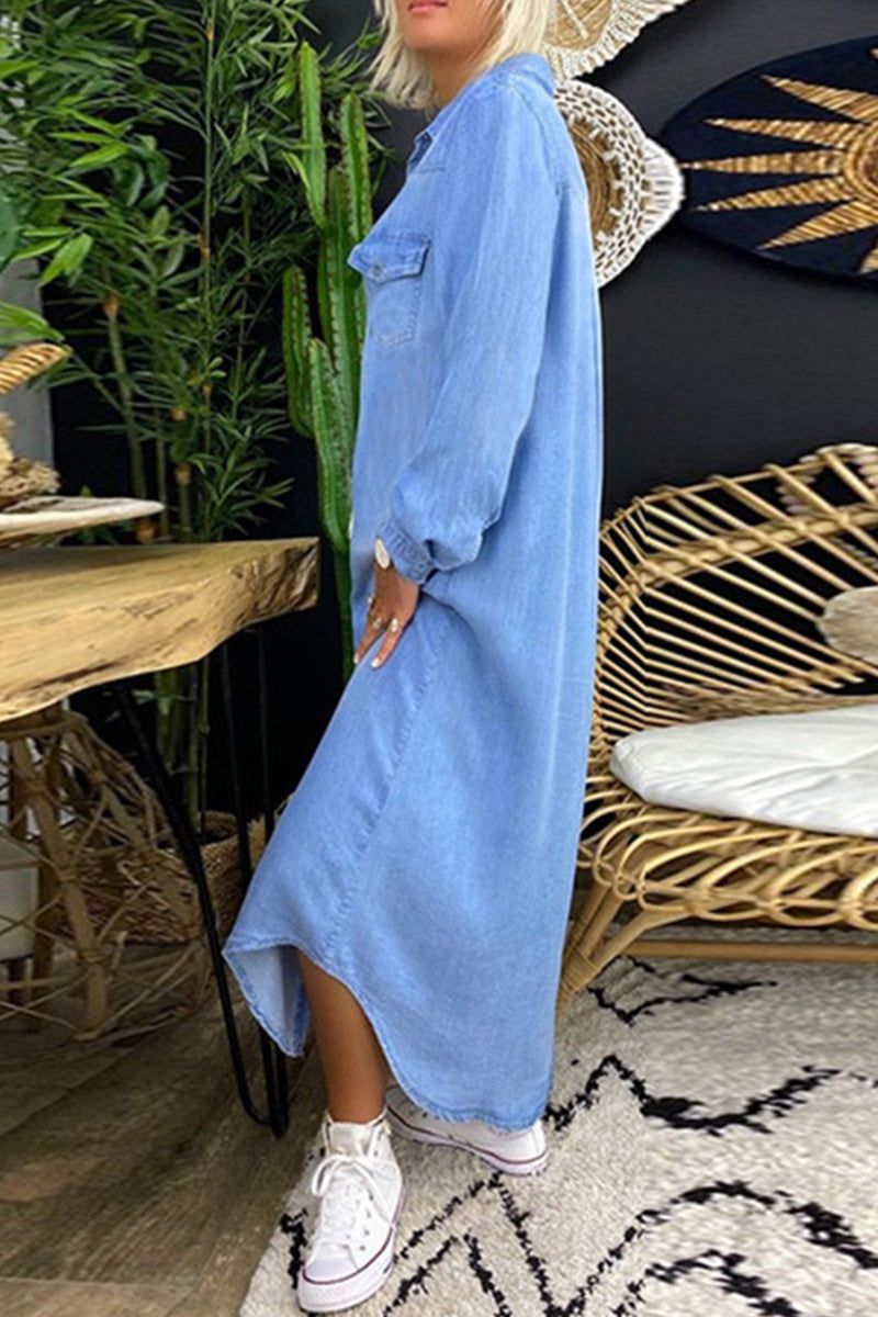 Kaynafashions - Casual Street Solid Patchwork Shirt Collar Long Sleeve Loose Denim Dresses(3 Colors)