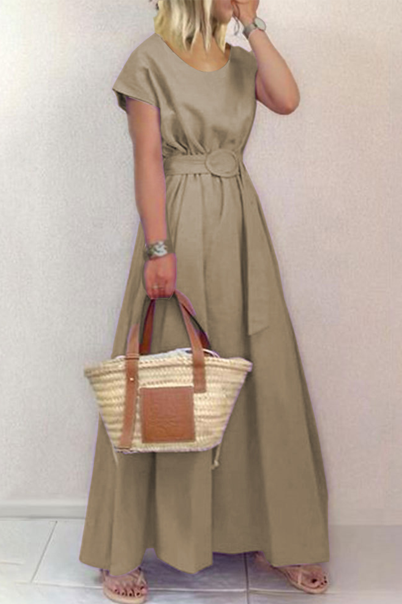 Kaynafashions - Fashion Solid Patchwork O Neck Waist Skirt Dresses(6 Colors)