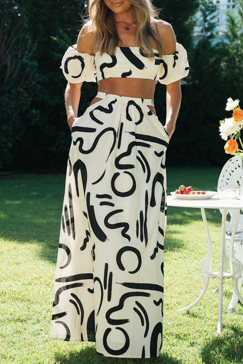 Kaynafashions - Sexy College Geometric Hollowed Out Off the Shoulder Short Sleeve Two Pieces(3 Colors)