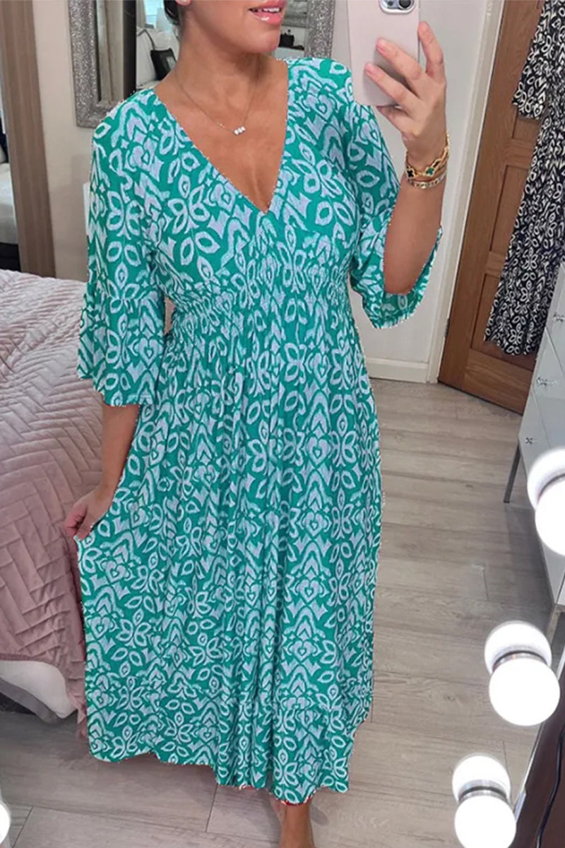 Kaynafashions - Elegant Floral Patchwork V Neck A Line Dresses(6 Colors)