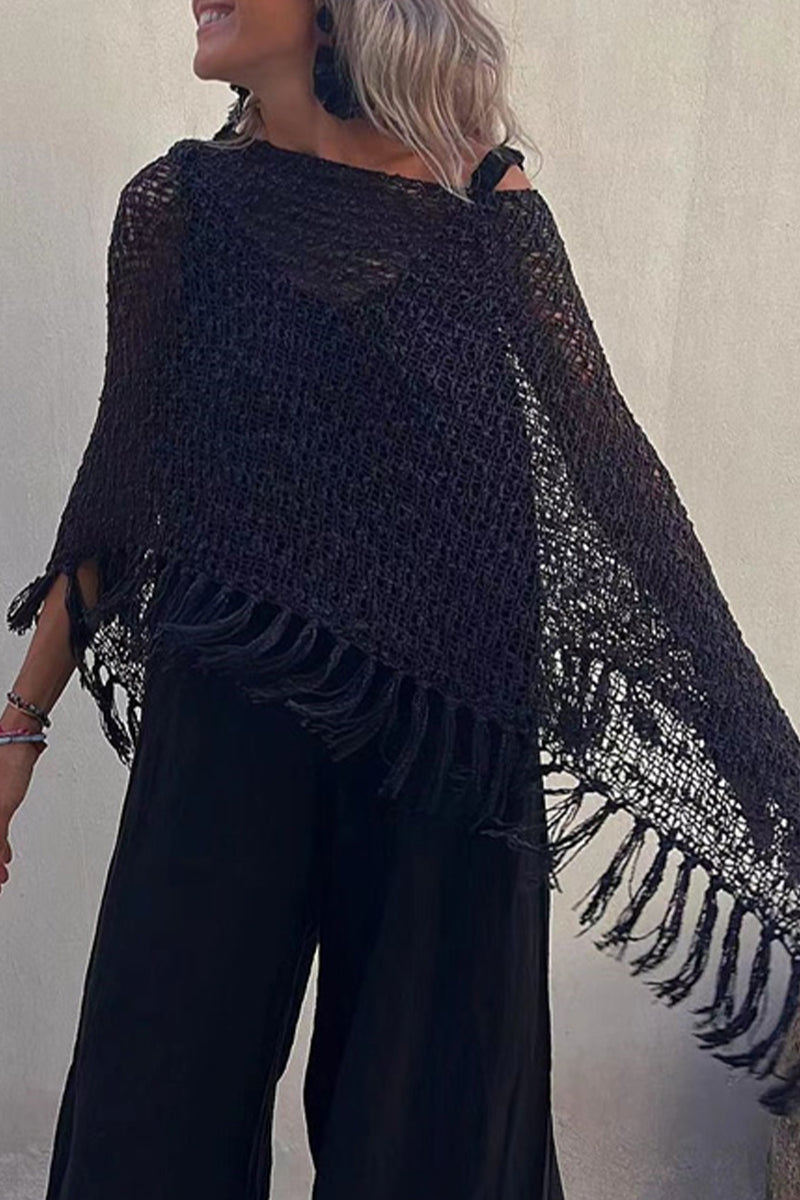 Kaynafashions - Vacation Solid Tassel Hollowed Out O Neck Outerwear