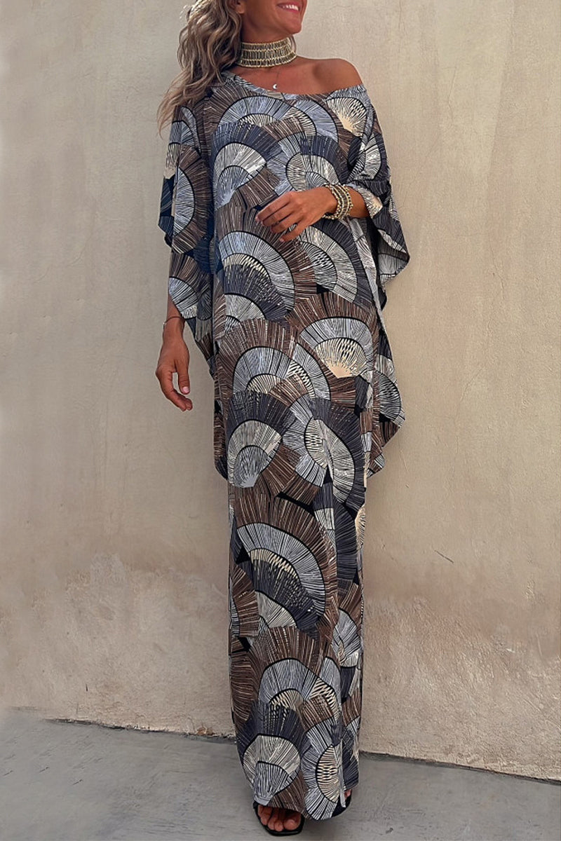 Kaynafashions - Casual Vacation Geometric Patchwork Fold U Neck Irregular Dress Dresses