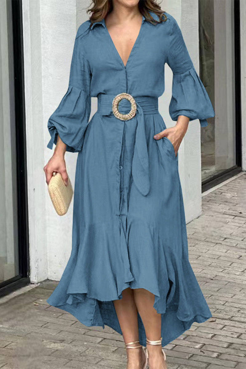 Kaynafashions - Street Solid With Belt V Neck A Line Dresses