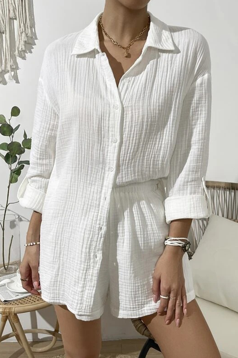 Kaynafashions - Casual Simplicity Solid Fold Turndown Collar Long Sleeve Two Pieces