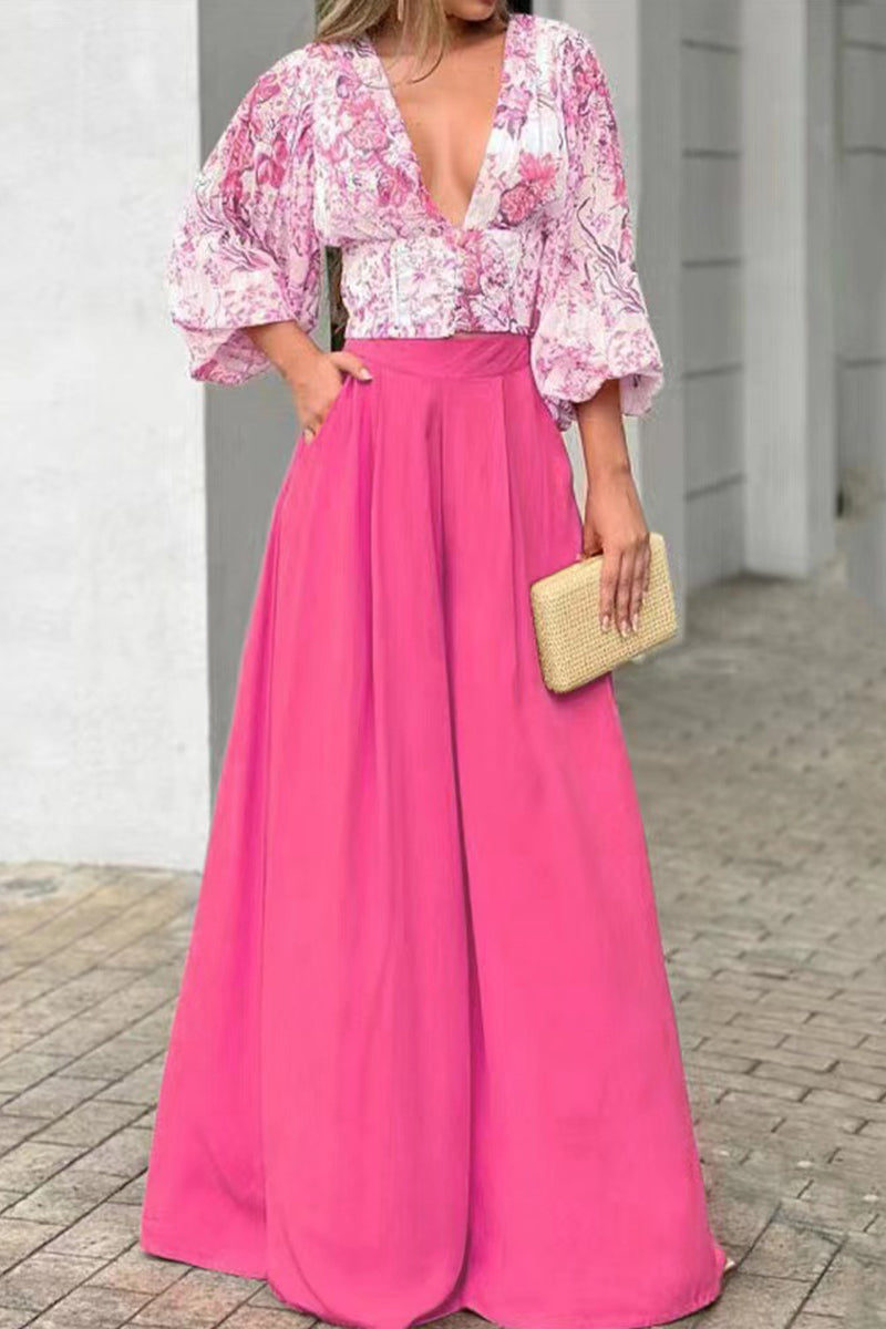 Kaynafashions - Sweet Elegant Print Printing V Neck Three Quarter Two Pieces