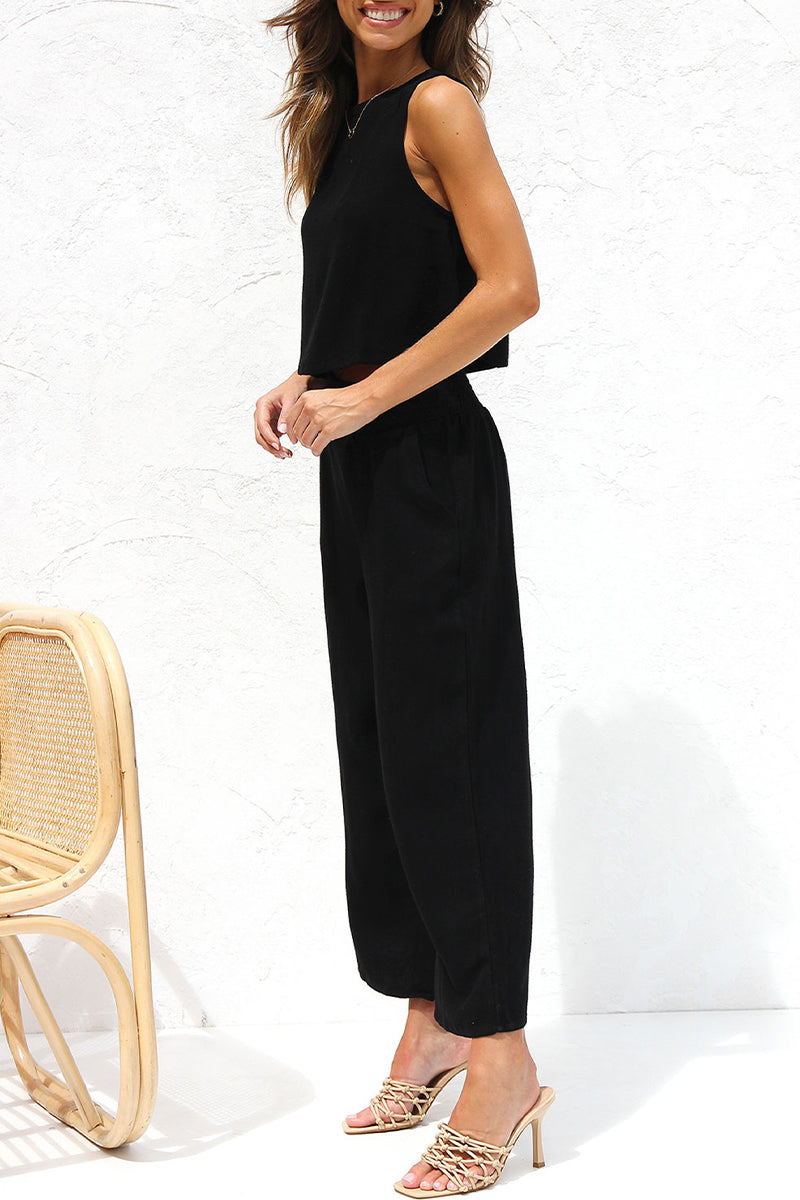 Kaynafashions - Casual Street Solid Buckle O Neck Sleeveless Two Pieces