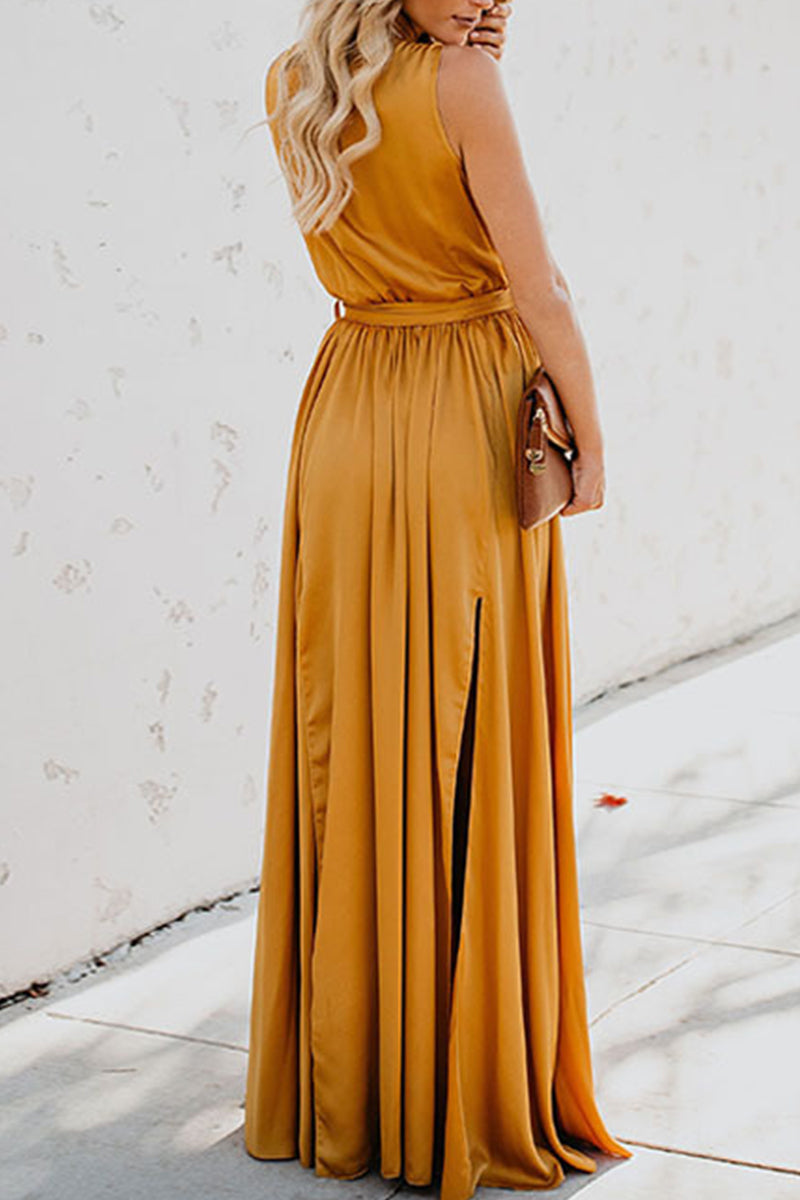 Kaynafashions - Elegant Solid High Opening V Neck Sleeveless Dress Dresses(3 Colors)