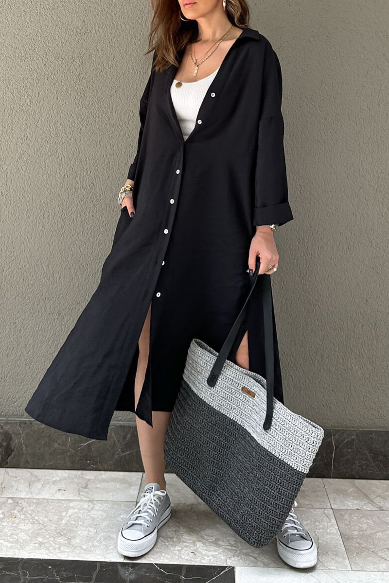 Kaynafashions - Casual Solid Buckle POLO collar Shirt Dress Dresses