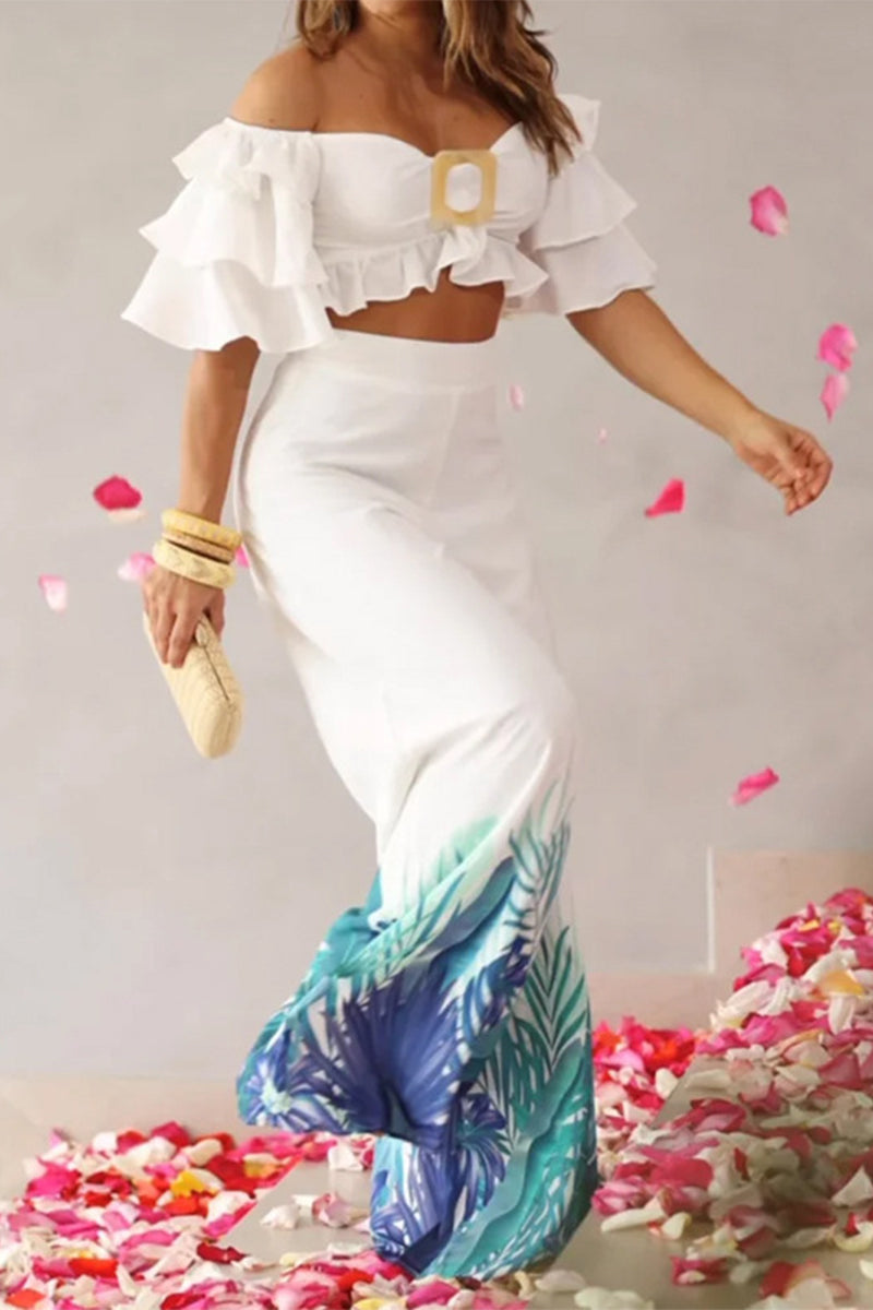 Kaynafashions - Elegant Print Patchwork Off the Shoulder Short Sleeve Two Pieces