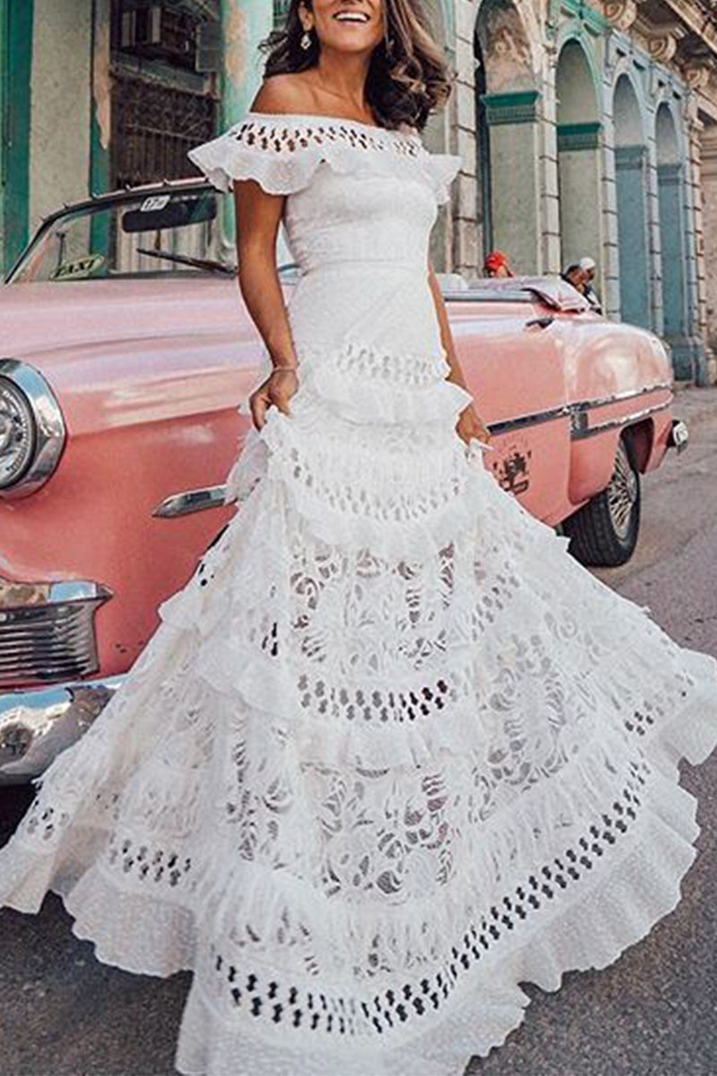 Kaynafashions - Celebrities Elegant Solid Lace Hollowed Out Without Belt Off the Shoulder A Line Dresses