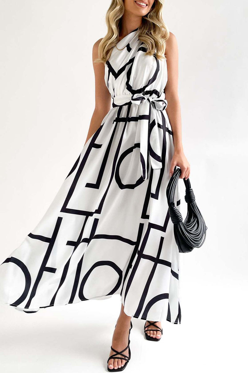 Kaynafashions - Street College Geometric Printing Oblique Collar Sleeveless Dress Dresses