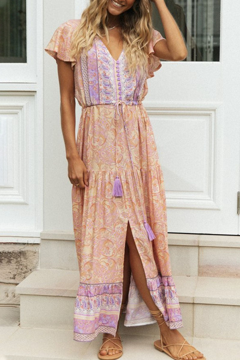 Kaynafashions - Fashion Vacation Print Patchwork V Neck Printed Dresses