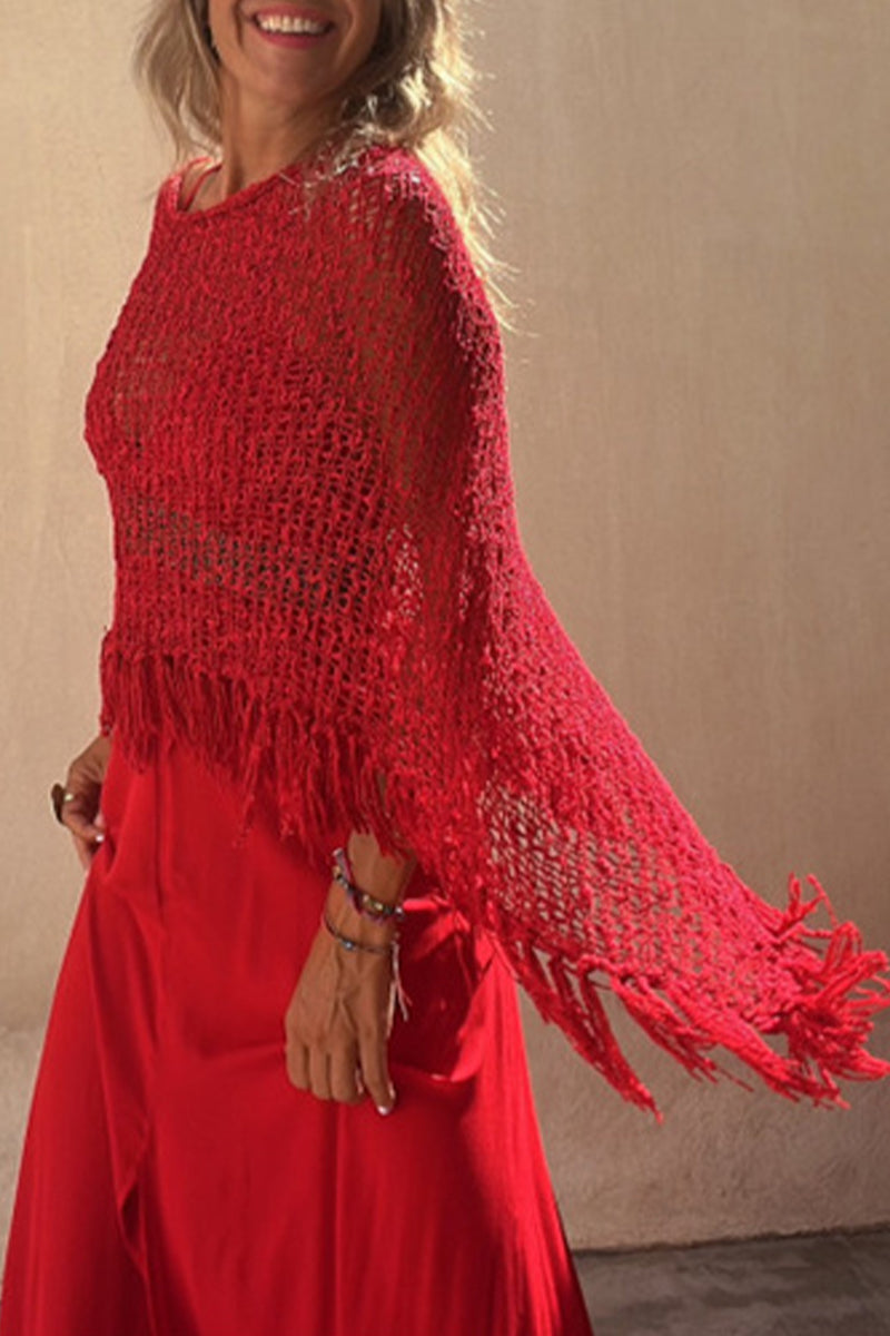 Kaynafashions - Vacation Solid Tassel Hollowed Out O Neck Outerwear