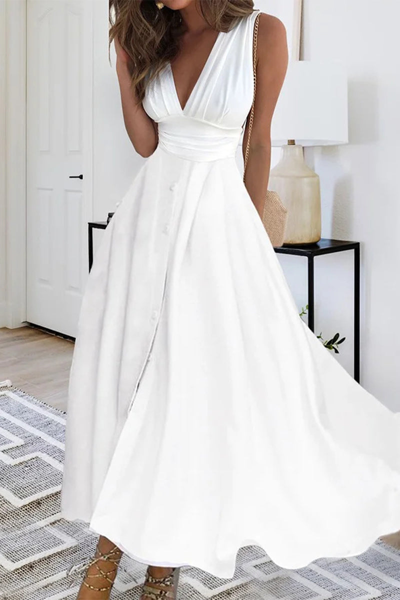 Kaynafashions - Elegant Solid V Neck A Line Dresses