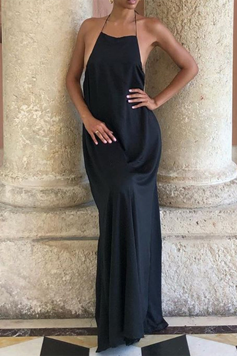 Kaynafashions - Sexy Elegant Solid Frenulum Backless Asymmetrical Halter Evening Dress Dresses