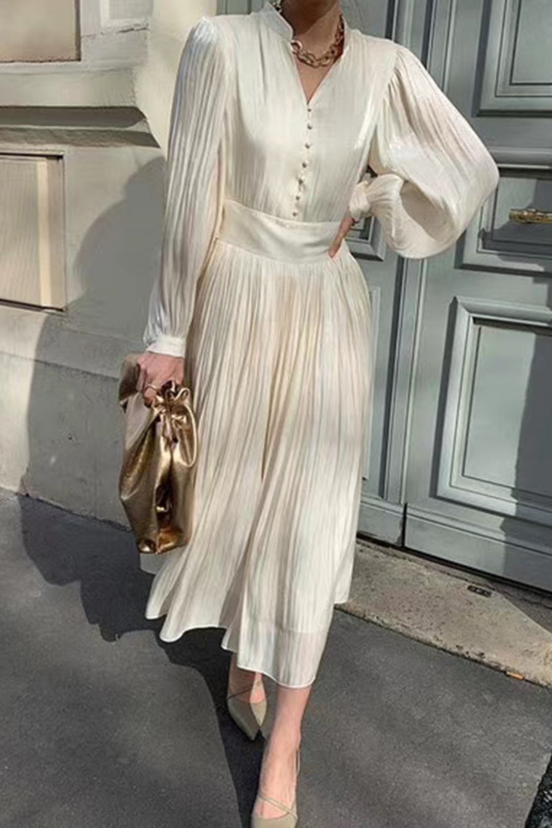 Kaynafashions - Elegant Solid Solid Color Mandarin Collar A Line Dresses(3 Colors)