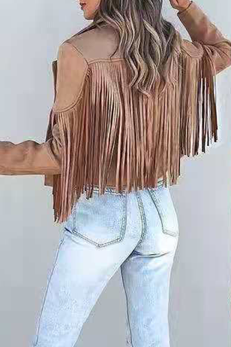 Kaynafashions - Fashion Street Solid Tassel Patchwork Turndown Collar Outerwear