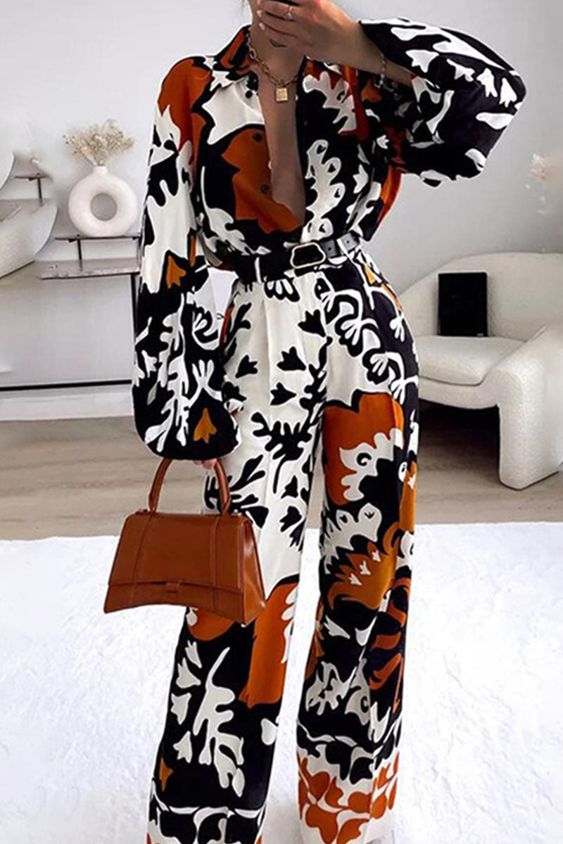 Kaynafashions - Casual Print Patchwork Buckle Turndown Collar Long Sleeve Two Pieces