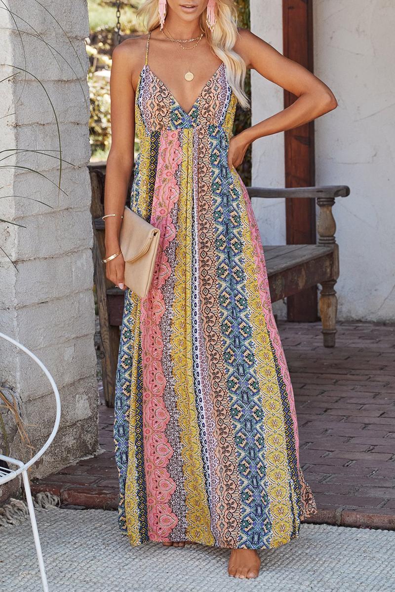 Kaynafashions - Fashion Print Patchwork Spaghetti Strap Straight Dresses