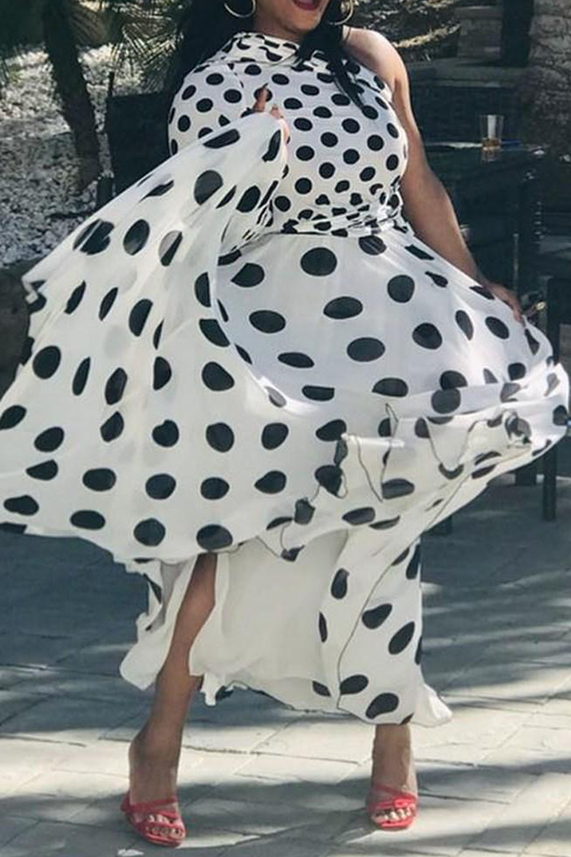 Kaynafashions - Casual Dot Patchwork One Shoulder Waist Skirt Dresses