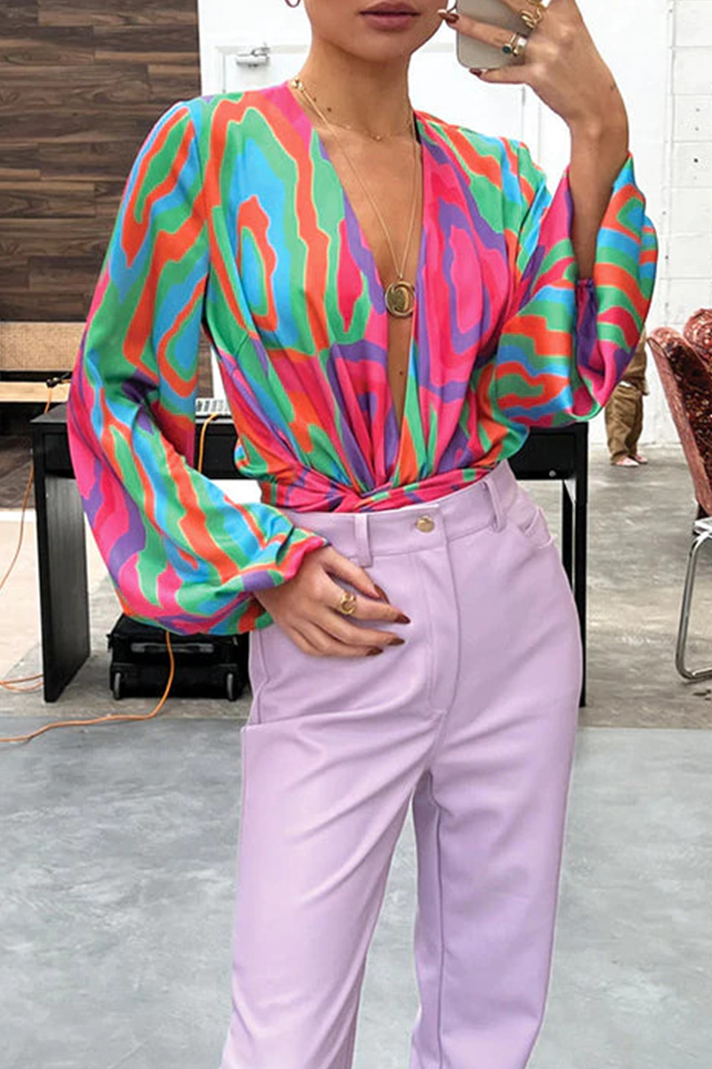 Kaynafashions - Fashion Print Patchwork V Neck Tops