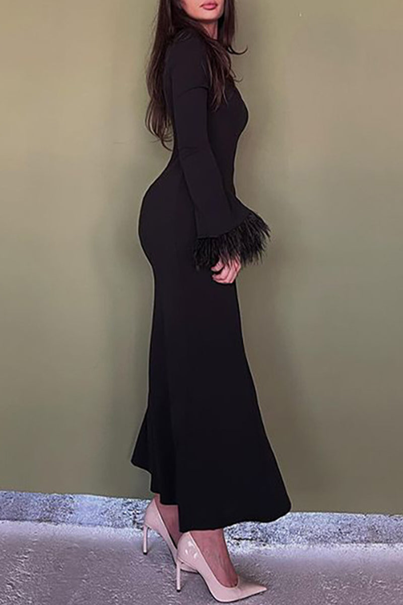 Kaynafashions - Celebrities Elegant Solid Feathers Wrapped Skirt Dresses